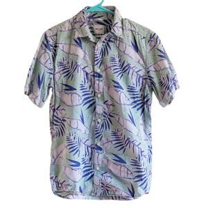 Only & Sons Sz M Slim Aqua Blue Palm Frond Print Buttondown Short Sleeve Shirt